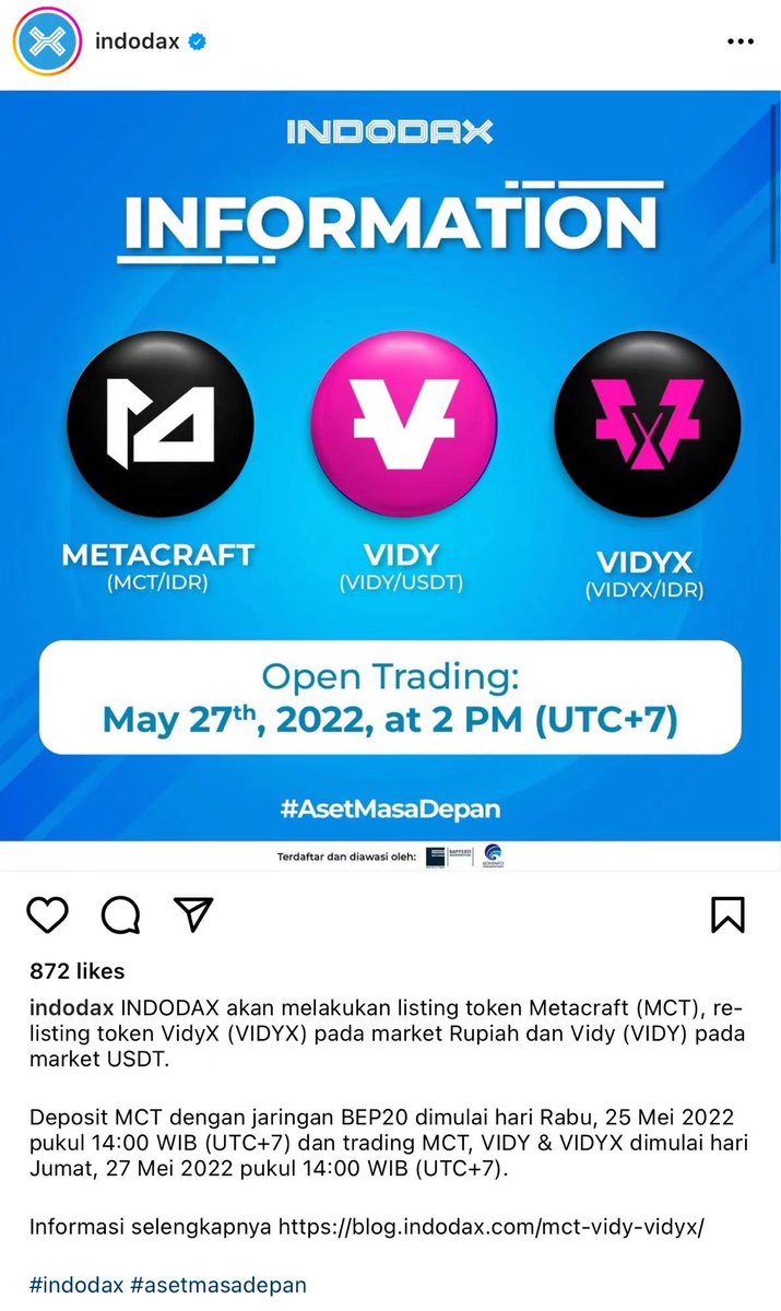 Latest News: VIDY and VIDYX Tokens will be relisted on Indodax (Indonesia's largest regulated exchange) on 27th May 2022. We are grateful for those who have continued to believe in us!
