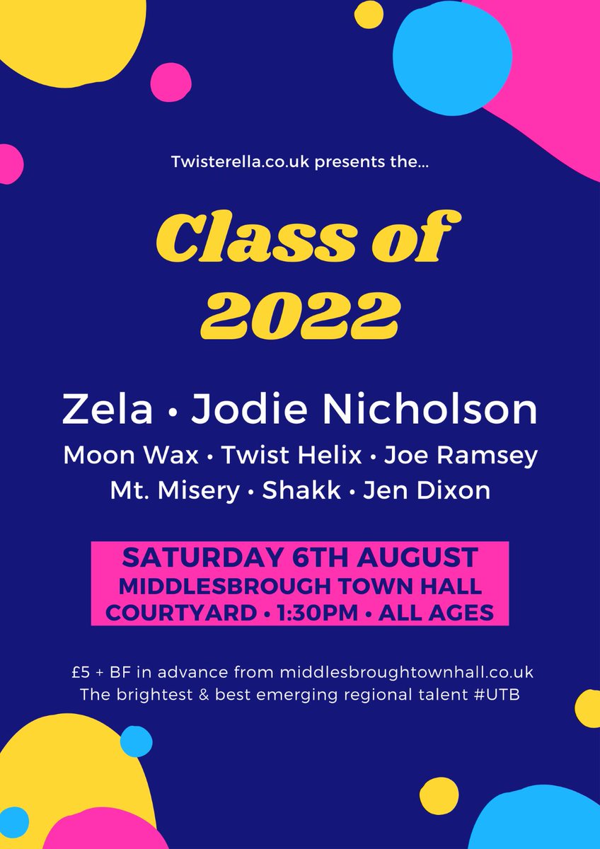 Middlesbrough Town Hall (@mbro_townhall) on Twitter photo New and on sale now!
The team behind Twisterella proudly present 'The Class of 2022'.
Line up for: <a href="/thisisZELA/">ZELA</a> <a href="/jodienic_music/">Jodie Nicholson</a> <a href="/MoonWaxUK/">Moon Wax</a> <a href="/twisthelixband/">Twist Helix</a> <a href="/joeramseymusic/">Joe Ramsey</a> <a href="/mtmiseryband/">Mt. Misery</a> <a href="/shakkmusic/">Shakk</a> <a href="/jendixonmusic/">Jen Dixon 🎶</a>
Sat 6 Aug from 1.30pm
Tickets: £7.50 👇 middlesbroughtownhall.co.uk/event/class-of… New and on sale now!
The team behind Twisterella proudly present 'The Class of 2022'.
Line up for: <a href="/thisisZELA/">ZELA</a> <a href="/jodienic_music/">Jodie Nicholson</a> <a href="/MoonWaxUK/">Moon Wax</a> <a href="/twisthelixband/">Twist Helix</a> <a href="/joeramseymusic/">Joe Ramsey</a> <a href="/mtmiseryband/">Mt. Misery</a> <a href="/shakkmusic/">Shakk</a> <a href="/jendixonmusic/">Jen Dixon 🎶</a>
Sat 6 Aug from 1.30pm
Tickets: £7.50 👇 middlesbroughtownhall.co.uk/event/class-of…