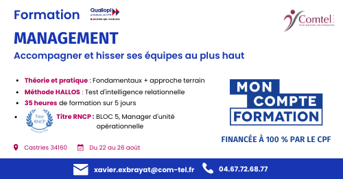 comtel34's tweet photo. Formation CPF :
" Management : Accompagner ses équipes au quotidien"
Parcours sur 5 jours du 22 au 26 Aout.
A l'issue de la formation le participant a toutes les clés pour prendre sa place et développer sa posture managériale au quotidien.
En savoir plus au 04 67 72 68 77. https://t.co/a1A476VHVR
