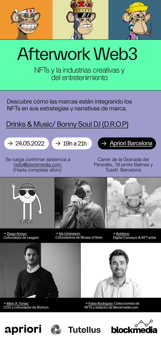 ¡Hoy es el día!
Evento #AfterworkWeb3 🌐 con Tutellus de sponsor. Nos vemos en Barcelona esta tarde para dar pie a la mesa redonda sobre #NFTs y el ecosistema #Web3

Ahí nos vemos tutellianos 👋