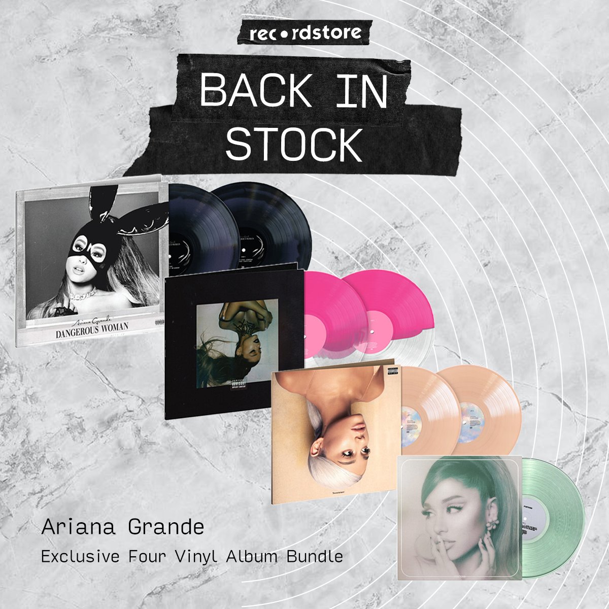 Recordstore.co.uk on X: BACK IN STOCK  Ariana Grande - Exclusive Vinyl  Bundle Please note actual vinyl colour may vary slightly from packshot.  Order now > >   / X