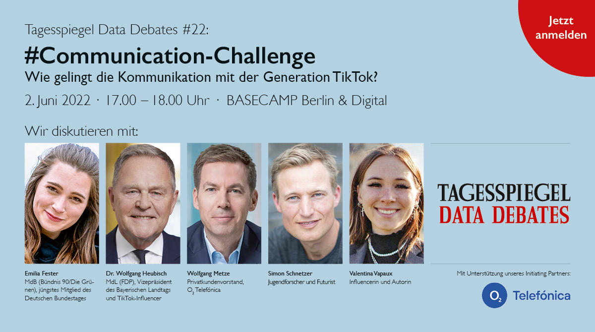 Telefónica Germany (@telefonica_de) on Twitter photo Wie gelingt Kommunikation mit der Generation TikTok? Am 2. Juni ab 17 Uhr diskutiert unser Privatkundenvorstand <a href="/wmetze/">Wolfgang Metze</a> bei der #DataDebates u.a. mit <a href="/emiliafester/">Emilia Fester (Parodie)</a>, <a href="/w_heubisch/">Dr. Wolfgang Heubisch</a> & <a href="/jugendforscher/">Simon Schnetzer</a>.
Anmeldung👉 cutt.ly/rHEcRrN
<a href="/o2cando/">o2 Deutschland</a> <a href="/Live_TSP/">Tagesspiegel Live</a> Wie gelingt Kommunikation mit der Generation TikTok? Am 2. Juni ab 17 Uhr diskutiert unser Privatkundenvorstand <a href="/wmetze/">Wolfgang Metze</a> bei der #DataDebates u.a. mit <a href="/emiliafester/">Emilia Fester (Parodie)</a>, <a href="/w_heubisch/">Dr. Wolfgang Heubisch</a> & <a href="/jugendforscher/">Simon Schnetzer</a>.
Anmeldung👉 cutt.ly/rHEcRrN
<a href="/o2cando/">o2 Deutschland</a> <a href="/Live_TSP/">Tagesspiegel Live</a>