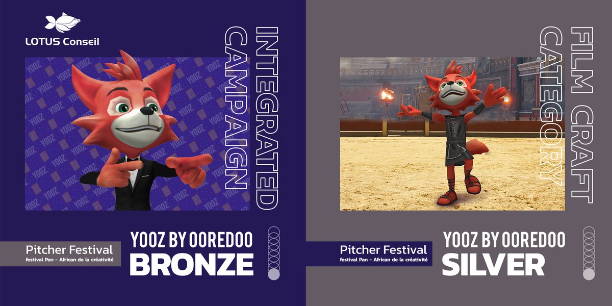 Encore une récompense pour notre campagne  #YOOZ pour #Ooredoo 
Cette fois, c'est au #PitcherFestival, festival Pan- African de la créativité, représentant des Cannes Lions, dans deux catégories différentes!!
- Silver Award: Film Craft
- Bronze Award: Integrated Campaign