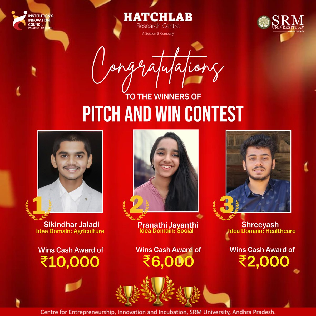 SRMUAP's tweet photo. Here's to the winners of the โPitch and winโ contest for mastering the art of #innovative #ideas. Congratulations to Sikindhar Jaladi, Pranathi Jayanthi, and Shreeyash for making it to the top 3 out of hundreds of applications!
#IdeaPitching #SRMUAP #SRMAP #Entrepreneurship https://t.co/pX3Kfpc3Hy