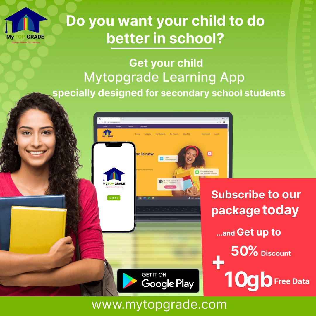 mytopgrade's tweet photo. DO YOU WANT YOUR CHILD TO DO BETTER IN SCHOOL?
Get our learning App specially designed for secondary school students.
Click the link below to sign up https://t.co/QgYhI15TWj 
Call our customer care representative via 08131180553,07059200083 or 09095060149 https://t.co/w4eTJjrVj7