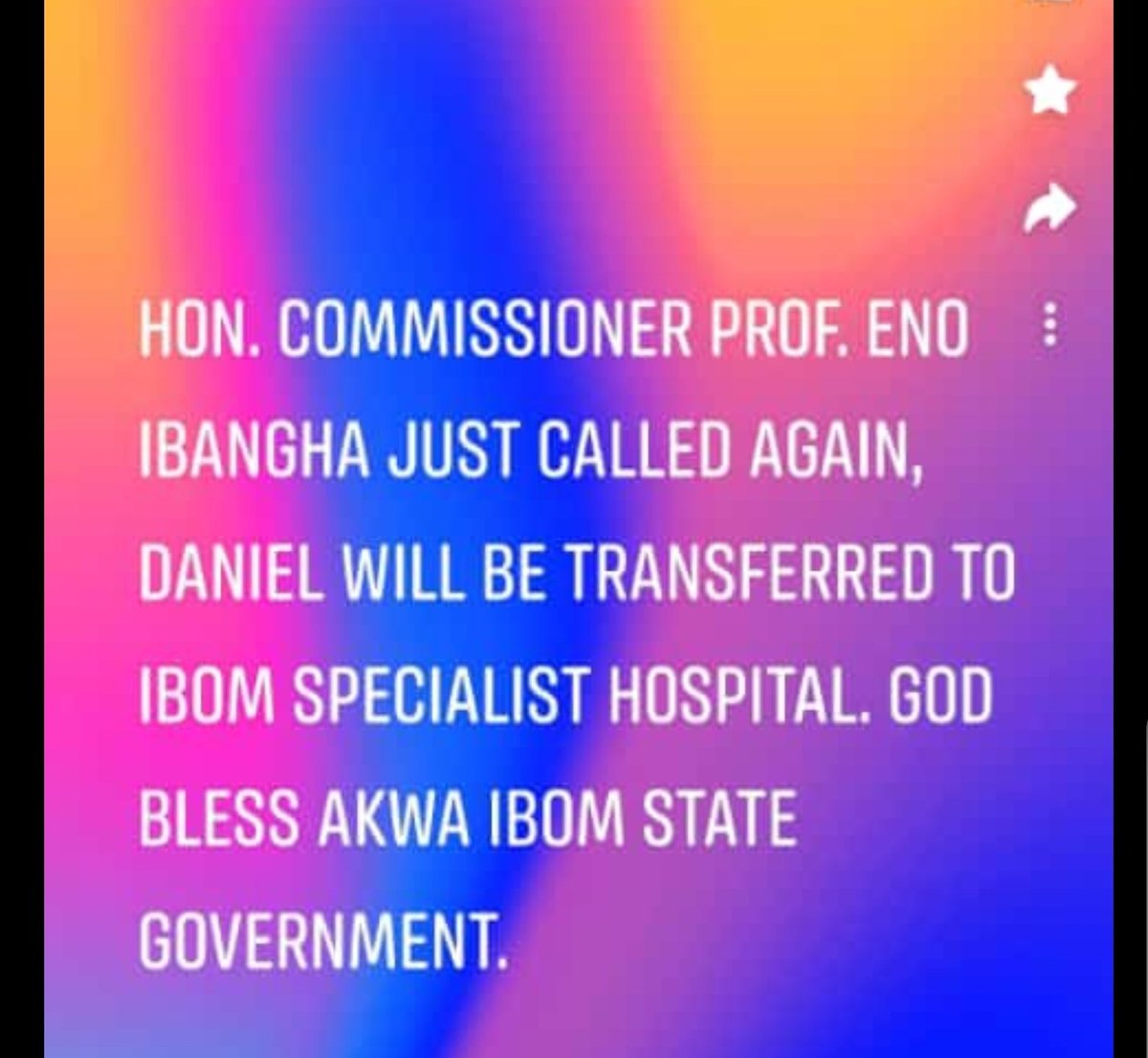 Iam_EmmanuelJo's tweet photo. Prof. Eno Ibanga has donated the sum of N500,000 and also has Informed the Governor of #SaveDanielpius and on the Instructions of the Governor, Daniel has been transferred to Ibom Specialist hospital. 

#aksu https://t.co/wtENCwD24c