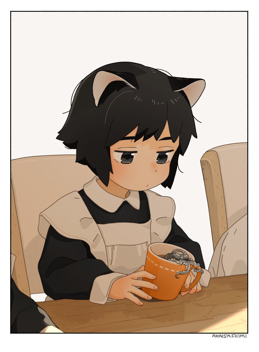 animal ears black hair apron short hair chair cat ears cup  illustration images