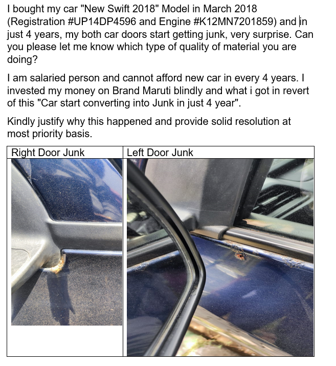 DivneshKumar's tweet photo. @Maruti_Corp   
Dear Maruti Suzuki,
Hope you are doing Great!!
This is a reference to My “New SWIFT 2018” Model start getting junk. https://t.co/nmo2Jp2ya8
