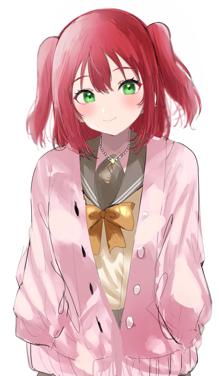 kurosawa ruby 1girl solo red hair school uniform green eyes white background two side up  illustration images