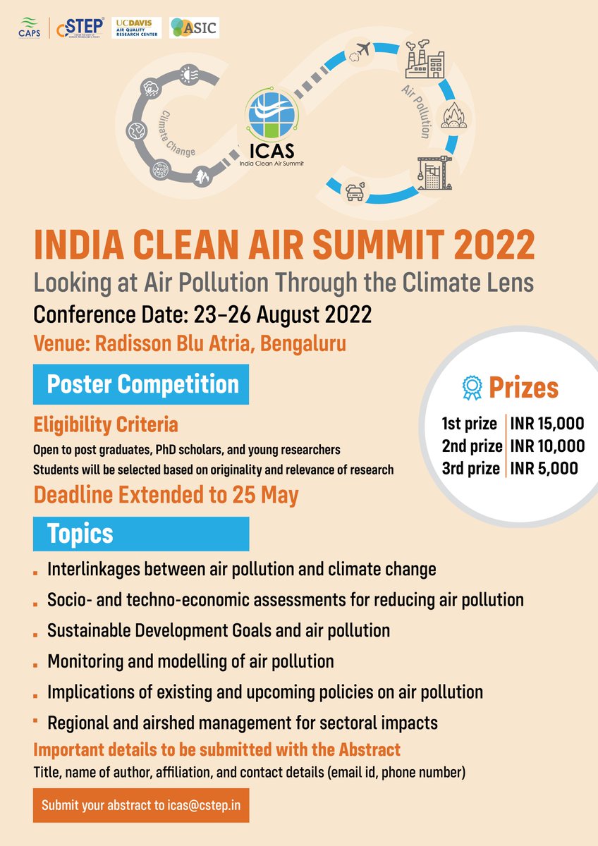 Dear students, #Policy needs you. Do you have an idea to check rising #AirPollution? Present your #solutionsforpollution at the student #postercompetition at #ICAS2022 & become a part of a group of #problemsolvers. 
Abstract Deadline: May 25, 2022. 
bit.ly/38bm5c2