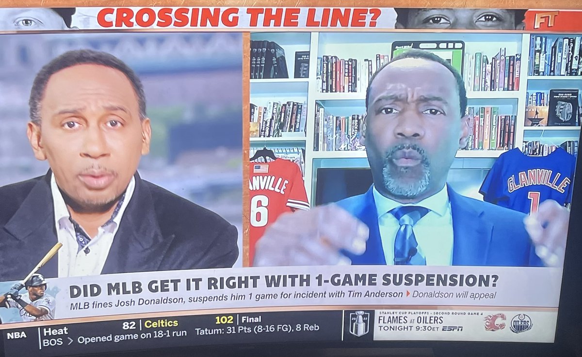 Rupp45's tweet photo. One thing that came from the pandemic is people at home doing interviews in front of bookshelves @dougglanville wanted everyone to know he played baseball oh and featuring that Hamilton book, come on Doug that was so 7 years ago! #TryingToHard https://t.co/ZwpDcSiRwZ