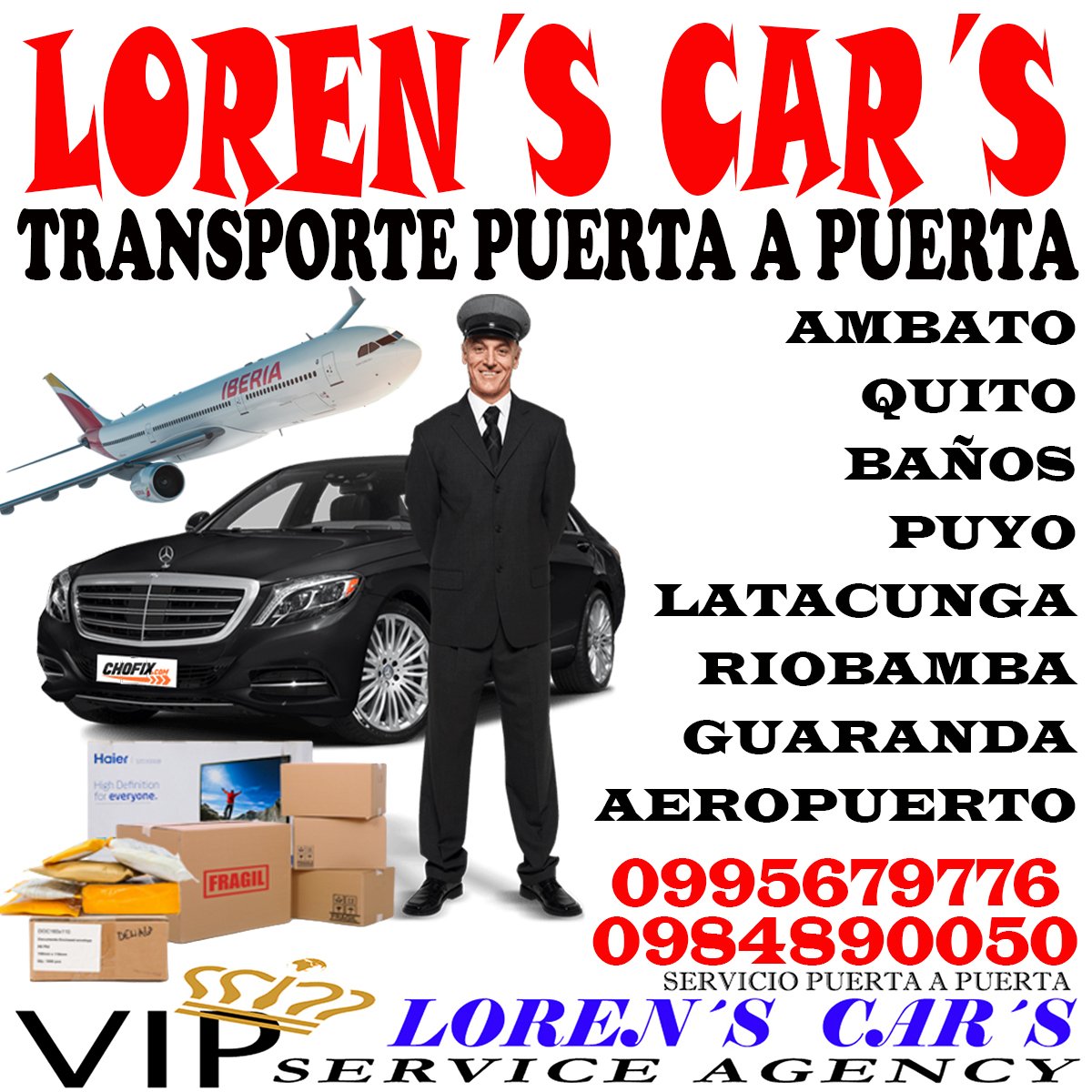 🌟🚘LOREN'S  CAR'S 🚘🌟
SERVICIO PUERTA A PUERTA 
QUITO
AMBATO
LATACUNGA
SALCEDO
RIOBAMBA
BAÑOS
PUYO
GUARANDA
GUAYAQUIL
NUESTRO SERVICIO SON
VIAJES A PROVINCIAS 
VIAJES DESDE O HACIA 
           AEROPUERTOS UIO - GYE
SERVICIO DE ENCOMIENDAS 
RESERVE SU VIAJE
0995679776
0984890050