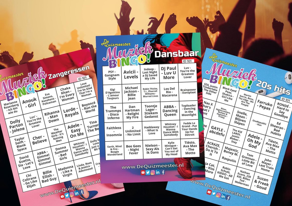 Bram_B_'s tweet photo. Op zoek naar een muzikaal personeelsfeest? Er zijn weer drie nieuwe muziekbingo's toegevoegd aan het assortiment!
#zangeressen #dansen #top40 #personeelsfeest #personeelsvereniging #bedrijfsfeest #bedrijfsuitje #personeelsuitje #muziekbingo #inspiratie #bingo #kien #kienen https://t.co/1pii7DjdBP
