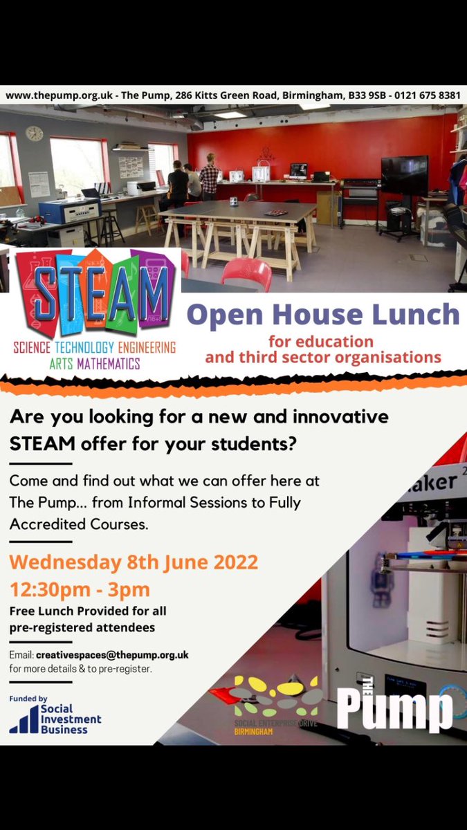 Calling all teachers, third sector organisations, entrepreneurs, creatives

Come to The Pump on 8th June for lunch, to be inspired, and to see what our Creative Spaces can offer your school, organisation, business, etc.

@iSE_CIC

#EastBirmingham #Creative #Birmingham #Events