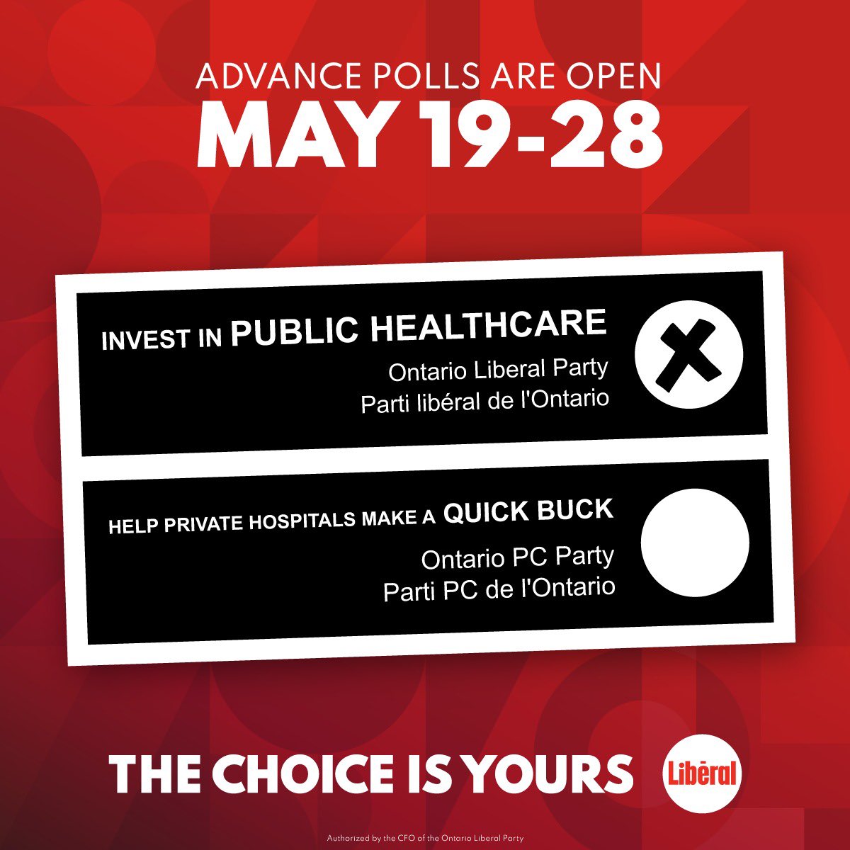We’re offering Ontarians a choice: An Ontario Liberal government that believes in public healthcare, or quiet healthcare privatization by the Ford Conservatives. 

#TheChoiceIsYours. 

Advance polls are open from 10am - 8pm, until May 28th.

More: vote.ontarioliberal.ca #onpoli