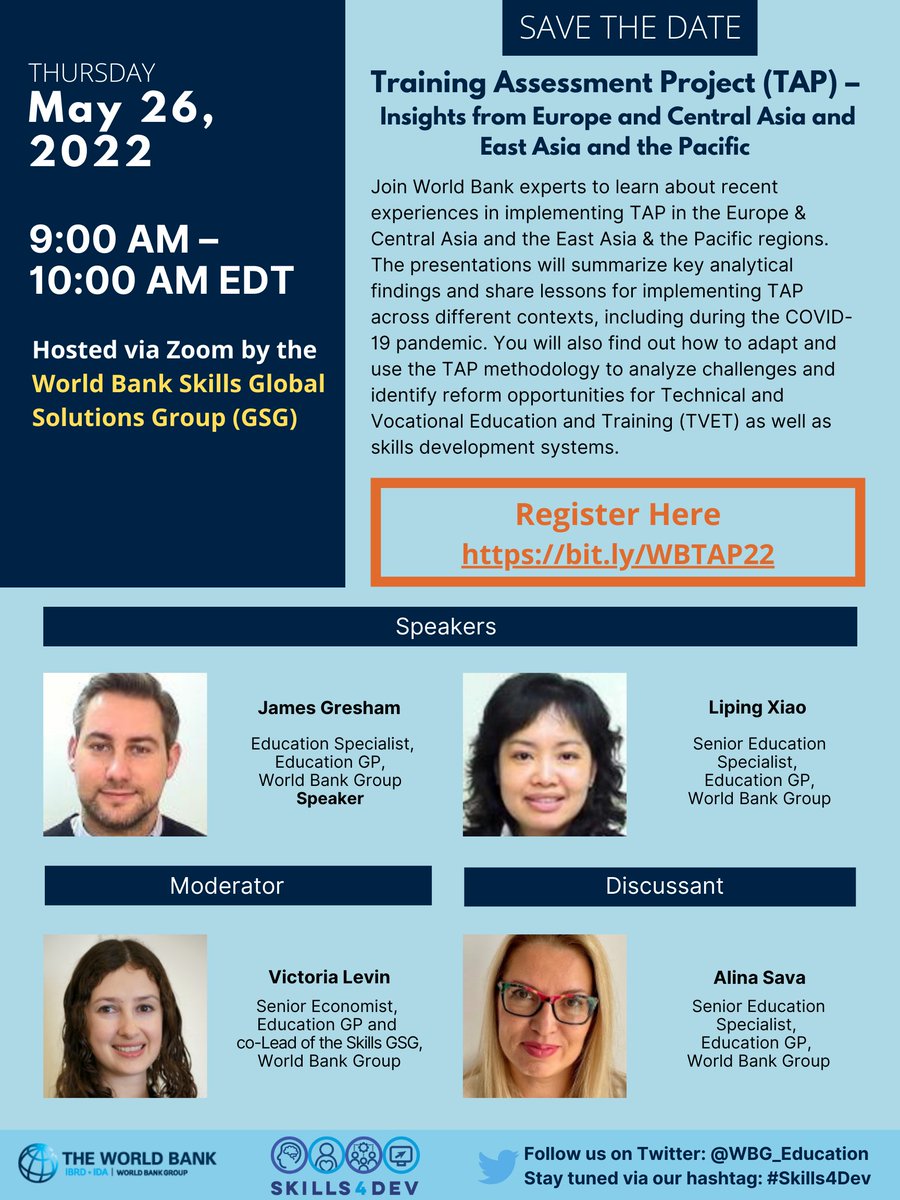 WBG_Education's tweet photo. 📋Training Assessment Project (TAP) is helping governments assess the readiness of their training systems to support #humancapital development. 

🤝Join us on May 26!

ℹ https://t.co/PB3UIu56f8
#️⃣ #Skills4Dev

@Victoria_Levin @mi_weber @santos_indhira @AlinaSava18 https://t.co/iLSxNmNsF1