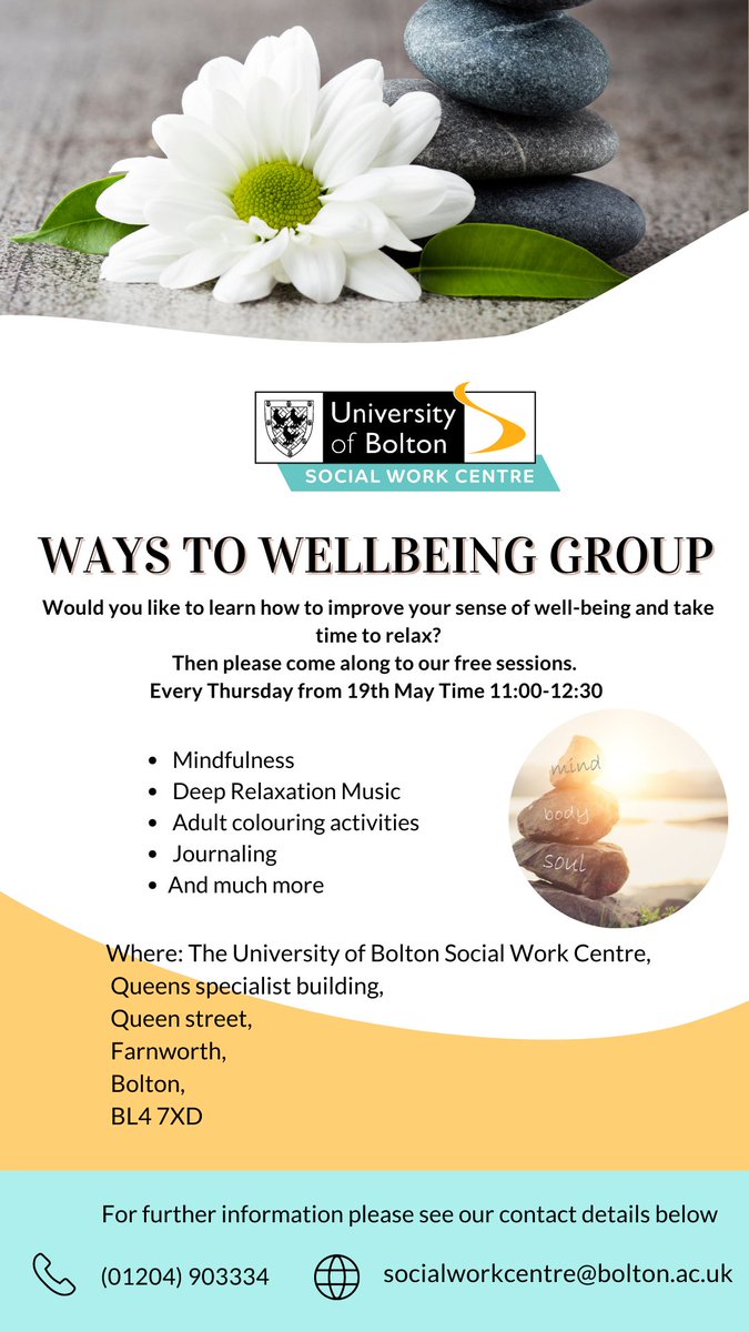 Hi Guys, come along to our ways to wellbeing group happening every Thursdays at 11-12:30 at The Social Work Centre, Farnworth. #mentalhealth #Wellbeing #mindfulness