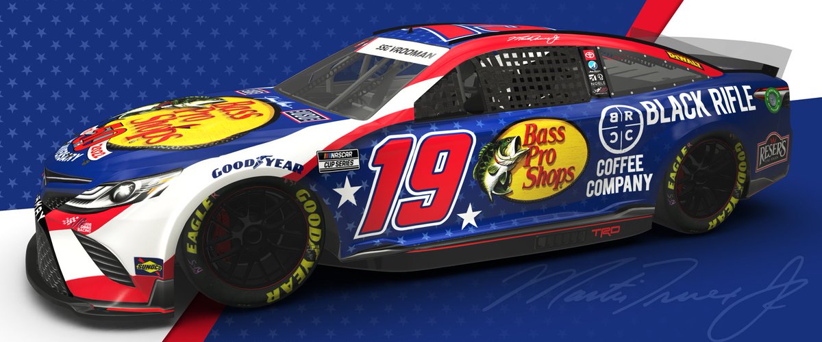 🇺🇸 PAINT SCHEME 🇺🇸 @MartinTruex_Jr will be honoring Staff Sergeant Jeremy Vrooman on his @BassProShops Red, White & Blue Toyota Camry TRD this weekend.