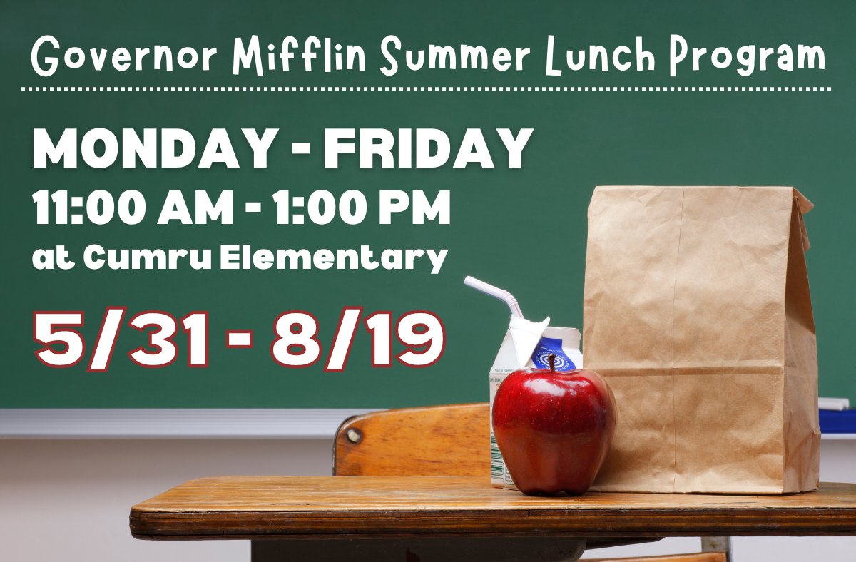 GovMifflinSD's tweet photo. Heads up, Governor Mifflin! The Summer Lunch Program is returning to Cumru Elementary beginning Tuesday, May 31!

For more information, menus, and more, please visit https://t.co/VNgTvyEjMY. https://t.co/cpNHgrvbdy