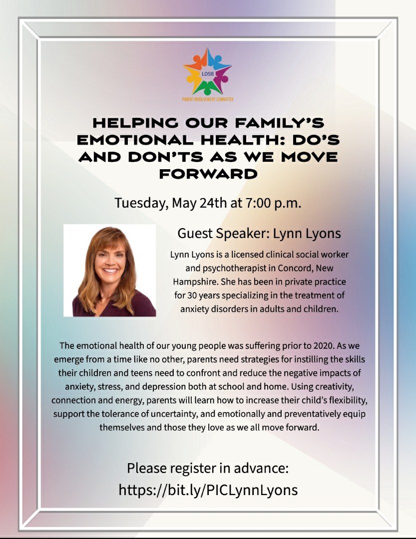 Tonight! Join <a href="/LDSBPIC/">Limestone DSB PIC</a> for a session with Lynn Lyons May 24 at 7 p.m.! bit.ly/PICLynnLyons