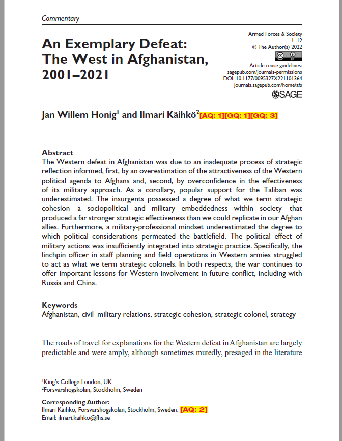 Very happy to see these proofs! 12 years of work with <a href="/jwhonig/">Jan Willem Honig</a> condensed into as many pages. It also cost a pound per every two words to make this open access. We essentially present some lessons of the #Afghanistan war, which we've studied through #Sweden #Finland strategy.