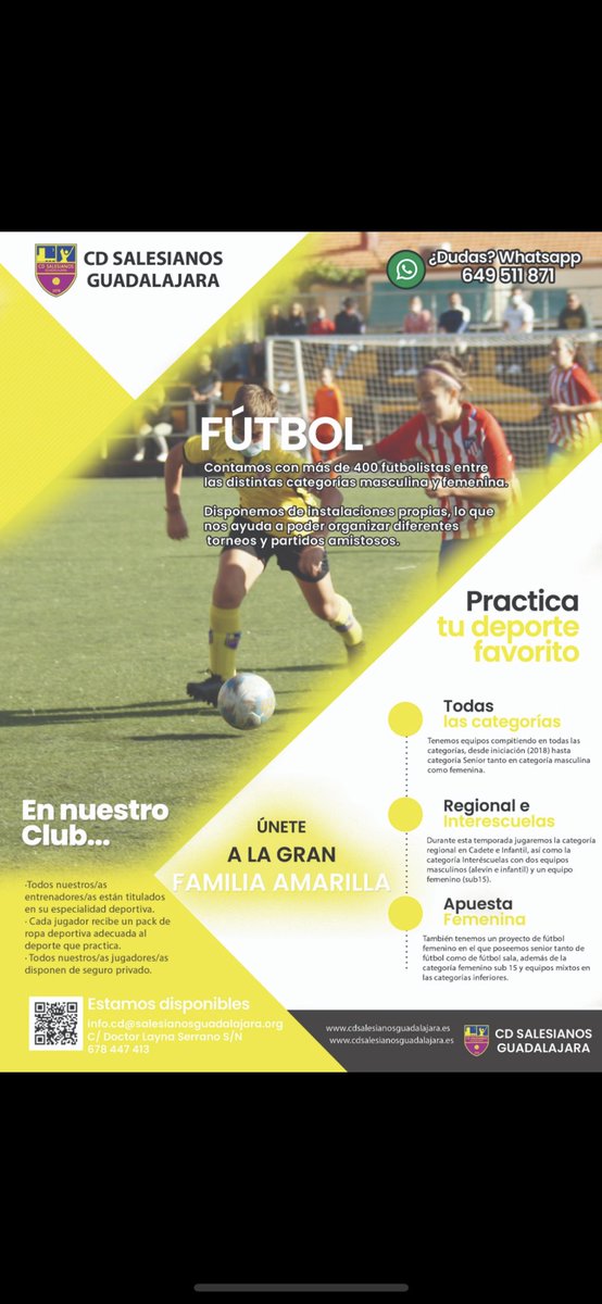 Podéis pasaros para más información por nuestra web o en la oficina por la tarde de 17 a 20h (Lunes a Jueves) a partir del miércoles 25 de Mayo. También a través de este WhatsApp .

Para realizar la inscripción sólo hay que entrar en :
cdsalesianosguadalajara.es/inscripcion-de…

APÚNTATE 💛