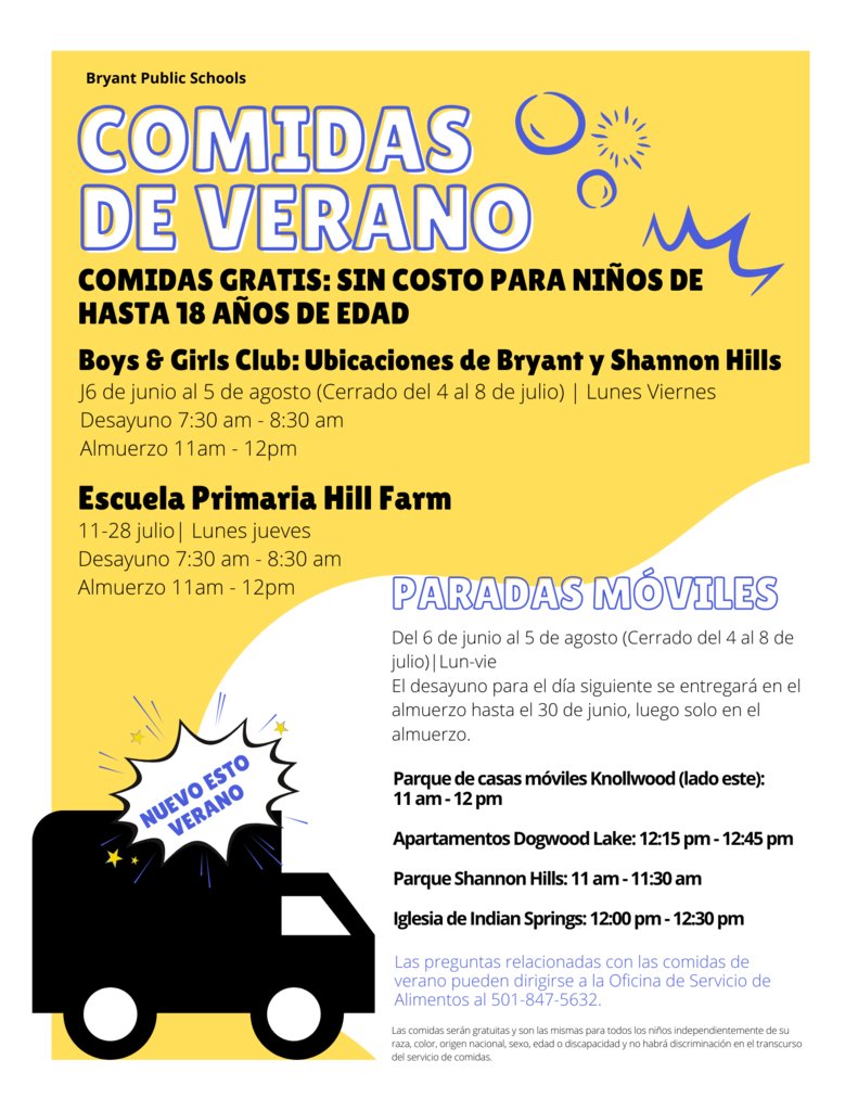 Once again Bryant Schools will be providing free breakfast and lunch to any child 18 years and younger at different locations in the community. Children do not have to attend Bryant Schools to participate. No application or registration is needed. Just come hungry!