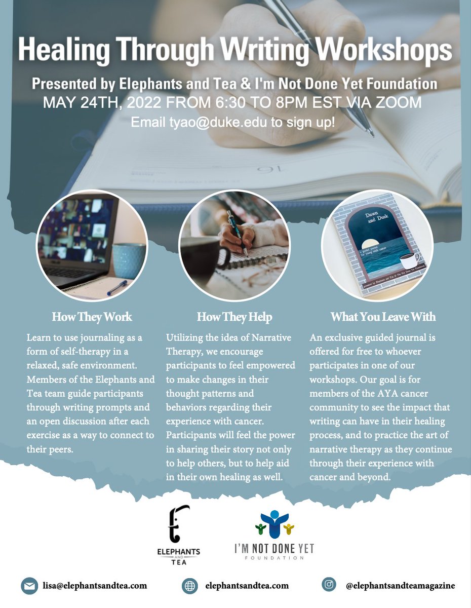 A fantastic resource from <a href="/ElephantsTea/">Elephants and Tea</a> and <a href="/mengesAYAcancer/">I’m Not Done Yet</a> happening tonight! Reach out to our team or the contact information below to get connected.