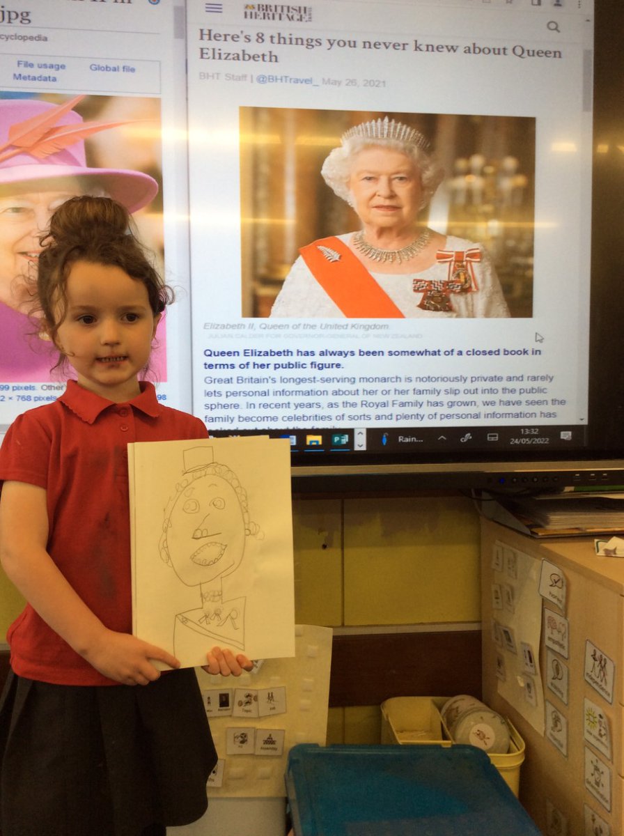 goodyers_end's tweet photo. Reception sketched Queen Elizabeth II in our art lesson this week. We thought carefully about how to add detail to our drawings! #ReceptionTweet #70Years #PlatinumJubilee https://t.co/eG4MYQeAg3