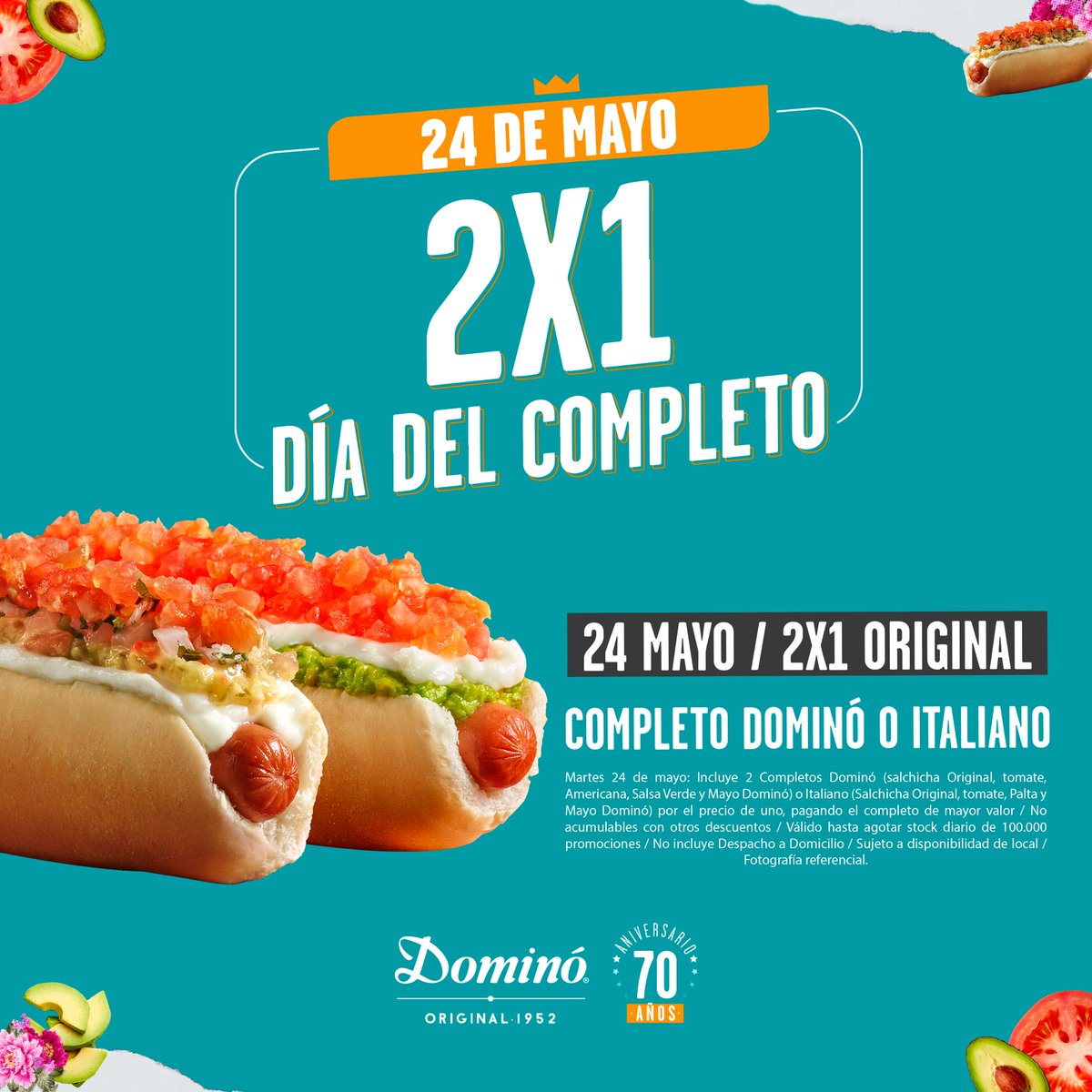 Celebra HOY el #DíadelCompleto con 2x1 en Completo Dominó o Italiano en todos nuestros locales. 🌭🎊 ⁣
⁣
Menciona a tu partner de completos y avísale, ¡tenemos 2x1 para tod@s! 😍👇