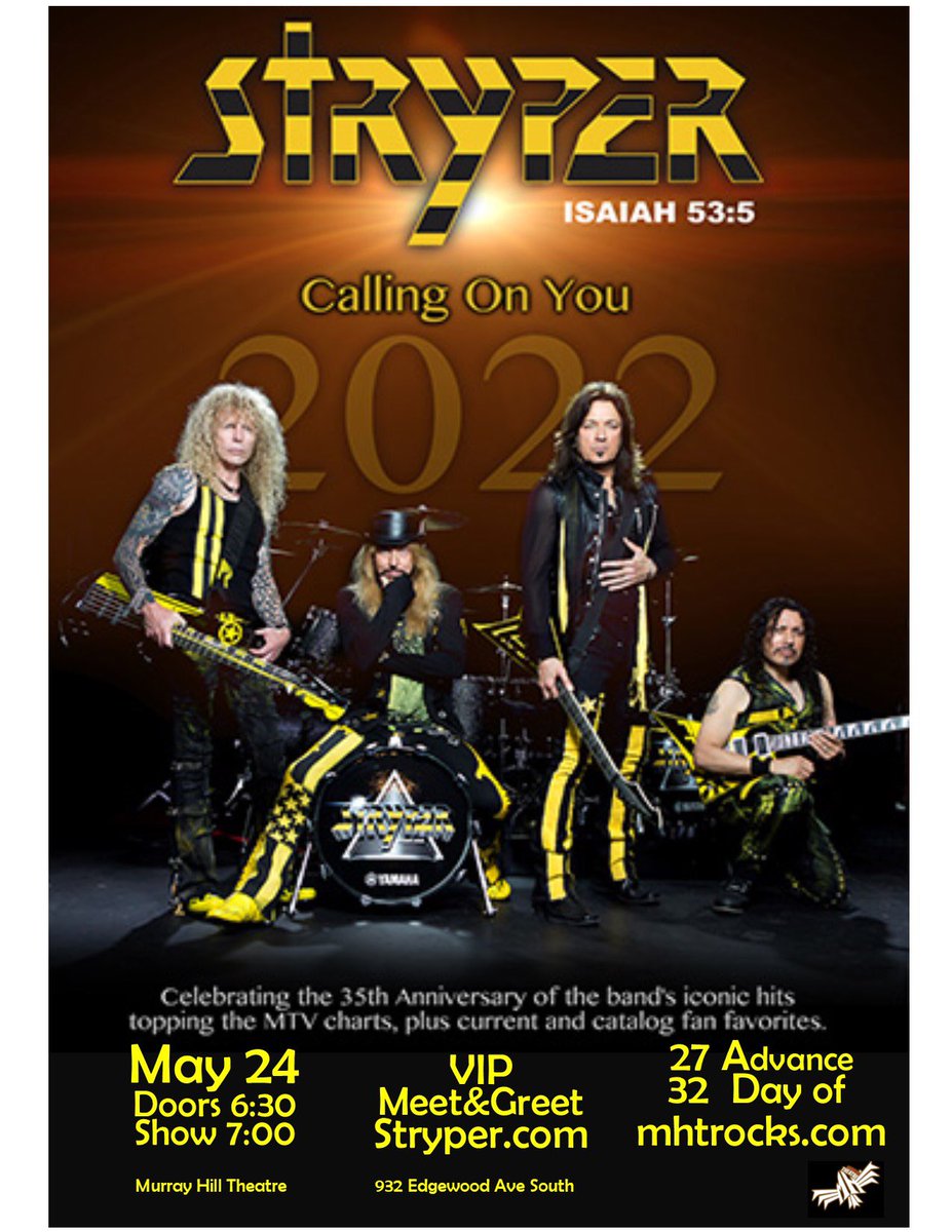 Tonight <a href="/Stryper/">Stryper</a> at the Murray Hill Theatre <a href="/mhtrocks/">Murray Hill Theatre</a> 
Tickets available online or at the door