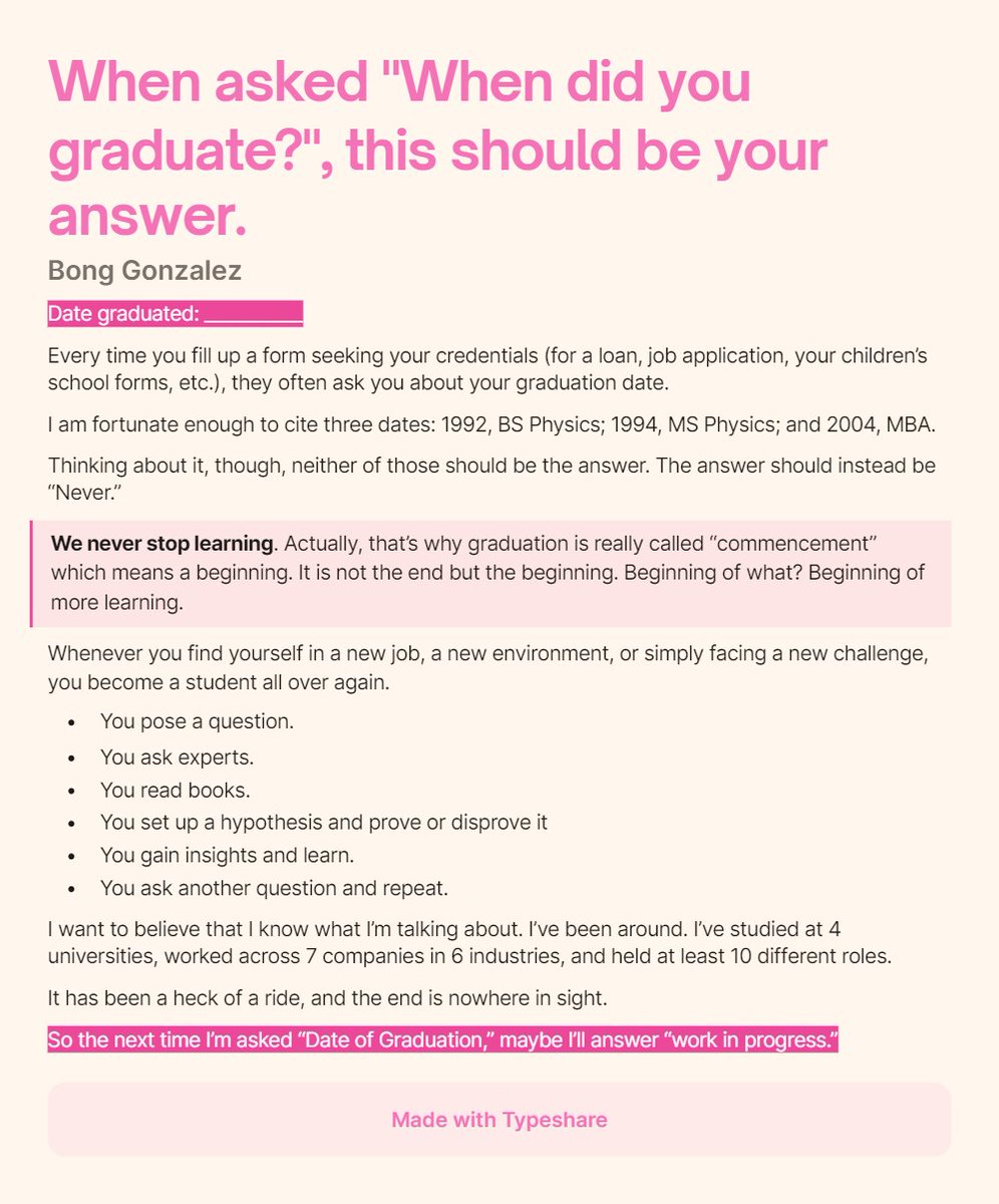 bonggonzalezph's tweet photo. We are now in graduation season. To all  graduates (current and past) out there, let me ask you this:

Have you really graduated?

Below is my answer 👇👇👇 

Day 32/60 of #ship30for30 
@dickiebush @nicolascole77 https://t.co/AiHbBuAmwJ