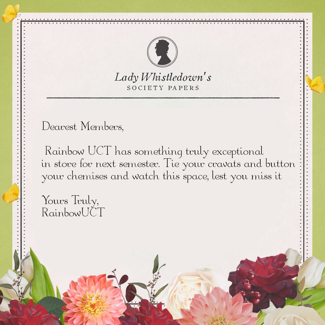 Dearest Members

Rainbow UCT has something truly exceptional in store for next semester. Tie your cravats and button your chemises and watch this space, lest you miss it

Yours Truly, 
RainbowUCT