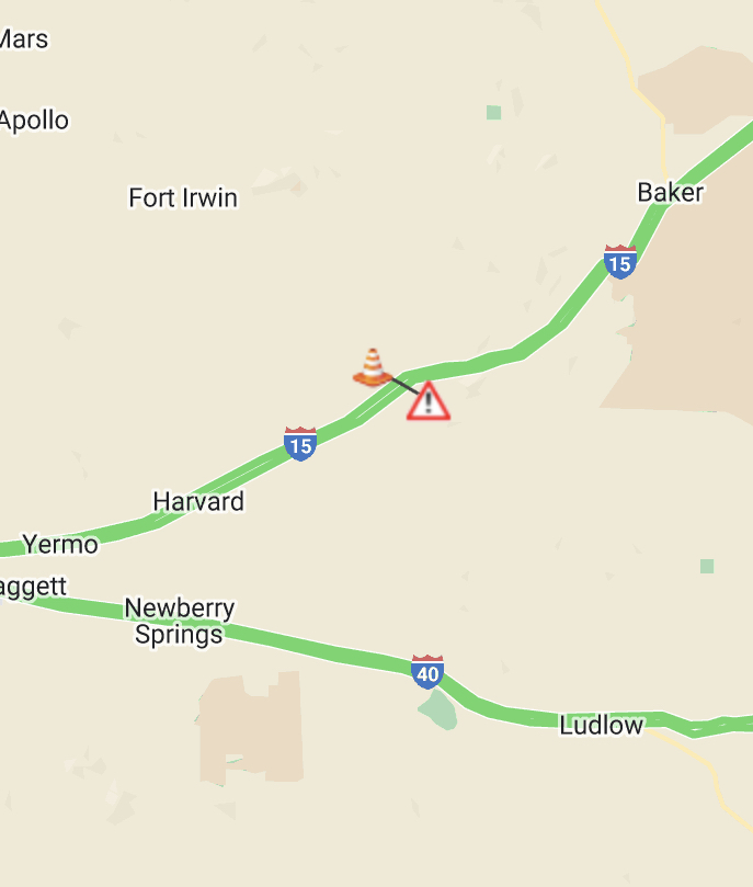 Caltrans8's tweet photo. SBCO: Traffic incident on NB I-15 in Baker at Afton Rd. Lane #2 and offramp lanes blocked. Unknown duration to clear. Anticipate traffic delays.  #Caltrans8 https://t.co/I43ls1d1NG