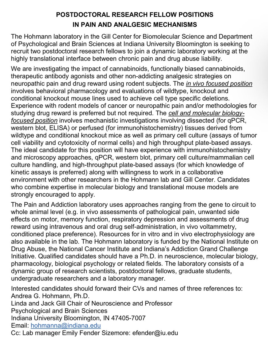 Dan Tracey (@hoosierflyman) on Twitter photo Two postdoctoral positions available in the @IU_GillCenter in the lab of my esteemed colleague Dr. Andrea Hohmann. The Hohmann group is at cutting edge of research into mechanisms of pain, addiction, and cannabinoids. <a href="/IUBloomington/">IU Bloomington</a> is a fantastic place for a postdoc! Please RT! Two postdoctoral positions available in the @IU_GillCenter in the lab of my esteemed colleague Dr. Andrea Hohmann. The Hohmann group is at cutting edge of research into mechanisms of pain, addiction, and cannabinoids. <a href="/IUBloomington/">IU Bloomington</a> is a fantastic place for a postdoc! Please RT!