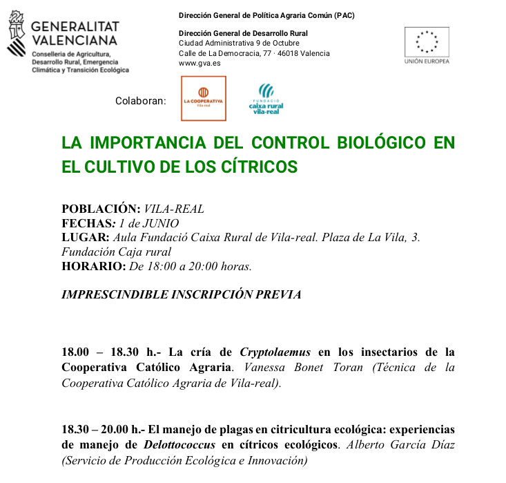 🍊T'interessa el control biològic 🐞 en el cultiu de Cítrics? 
📝 Inscriu-te enviant un 📧 a esexag_vilareal@gva.es amb les dades (nom i cognoms, DNI i telèfon de contacte). O bé, cridant al ☎️ 964 336 622