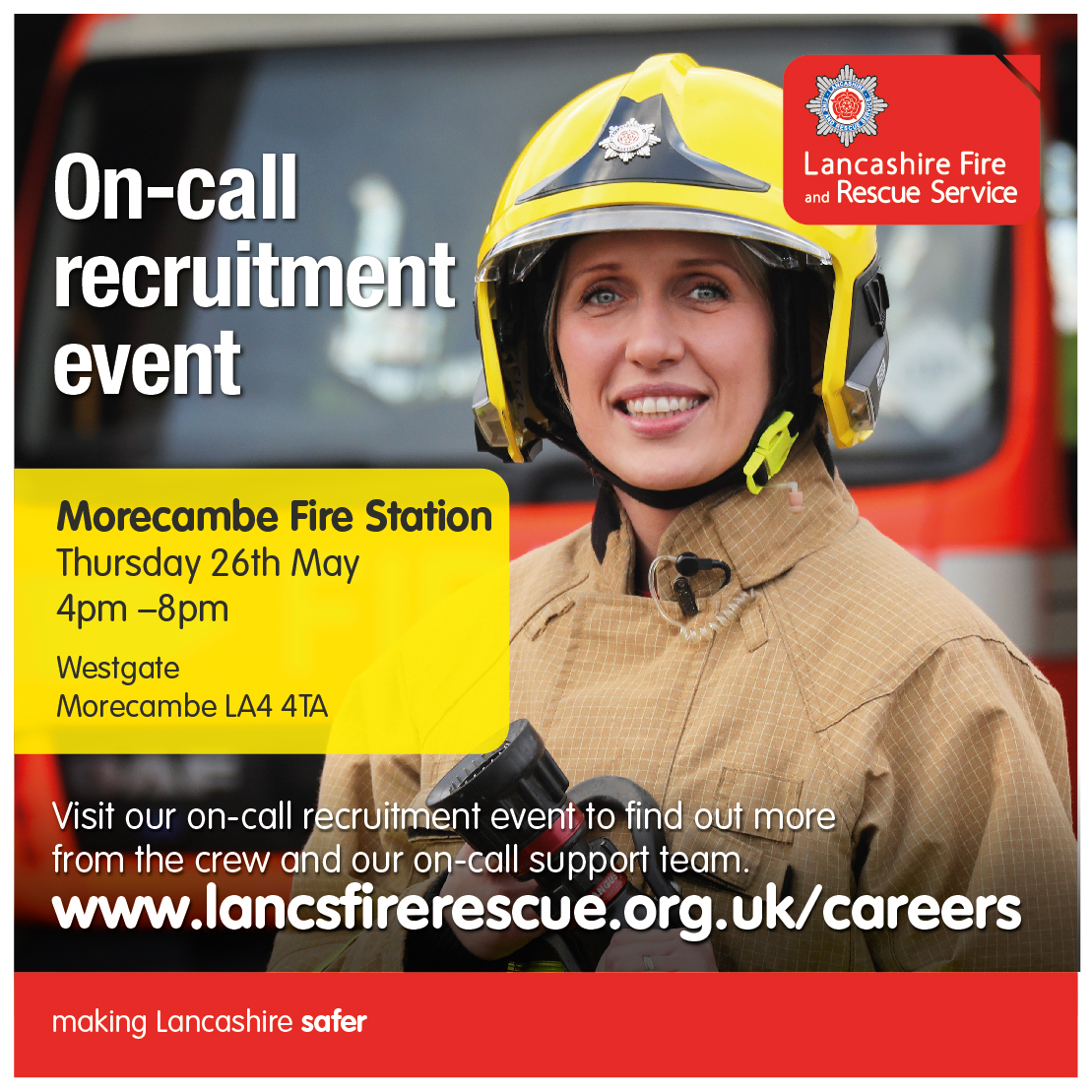 We are looking to recruit on-call firefighters at the following stations in the northern area:

📍 Morecambe
📍 Lancaster
📍 Bolton le Sands
📍 Hornby
📍 Carnforth 
📍 Silverdale

Come along to Morecambe Fire Station this Thursday to find out how to apply! 🚒