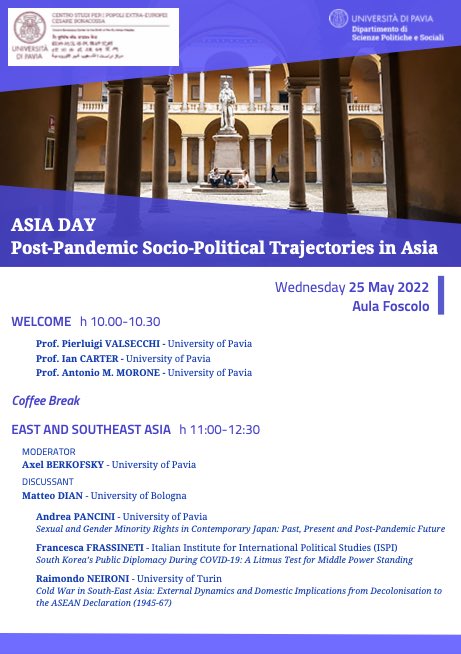 FlaviaLucenti's tweet photo. Domani @unipv ospita  l’#AsiaDay, tema “#PostPandemic Socio-Political Trajectories in Asia”. Felicissima di partecipare alla discussione!
Tutte le info in locandina 👇 https://t.co/41qJLAUlW6
