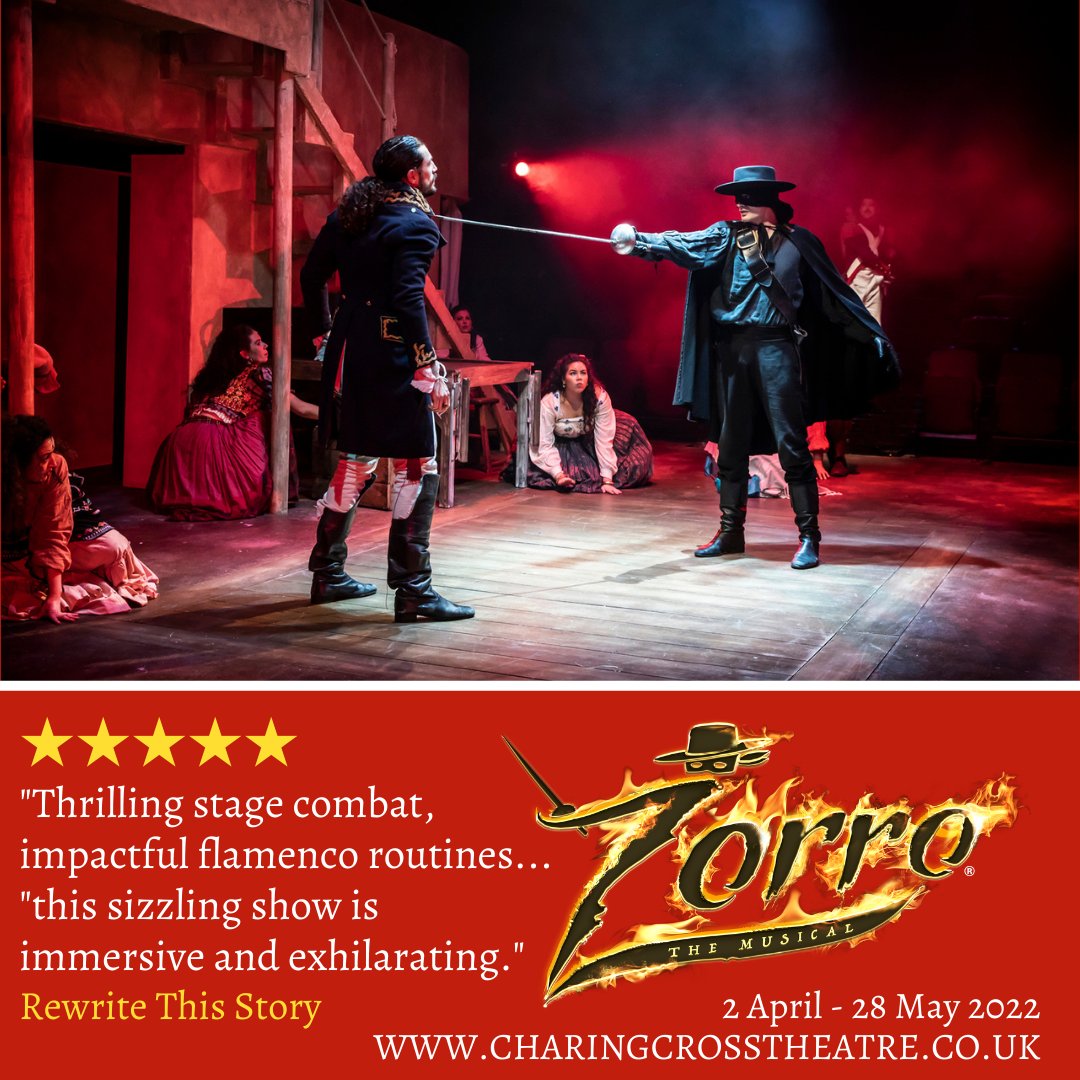 CharingCrossTheatre (@charingcrossthr) on Twitter photo Into the final week of <a href="/ZorroMusicalUK/">Zorro The Musical</a> with โ
โ
โ
โ
โ
from <a href="/RewriteThisWeb/">Rewrite This Story</a>: "Thrilling stage combat, impactful flamenco routines... this sizzling show is immersive and exhilarating."
Only 7 shows left... book your tickets now!
charingcrosstheatre.co.uk/theatre/zorro Into the final week of <a href="/ZorroMusicalUK/">Zorro The Musical</a> with โ
โ
โ
โ
โ
from <a href="/RewriteThisWeb/">Rewrite This Story</a>: "Thrilling stage combat, impactful flamenco routines... this sizzling show is immersive and exhilarating."
Only 7 shows left... book your tickets now!
charingcrosstheatre.co.uk/theatre/zorro