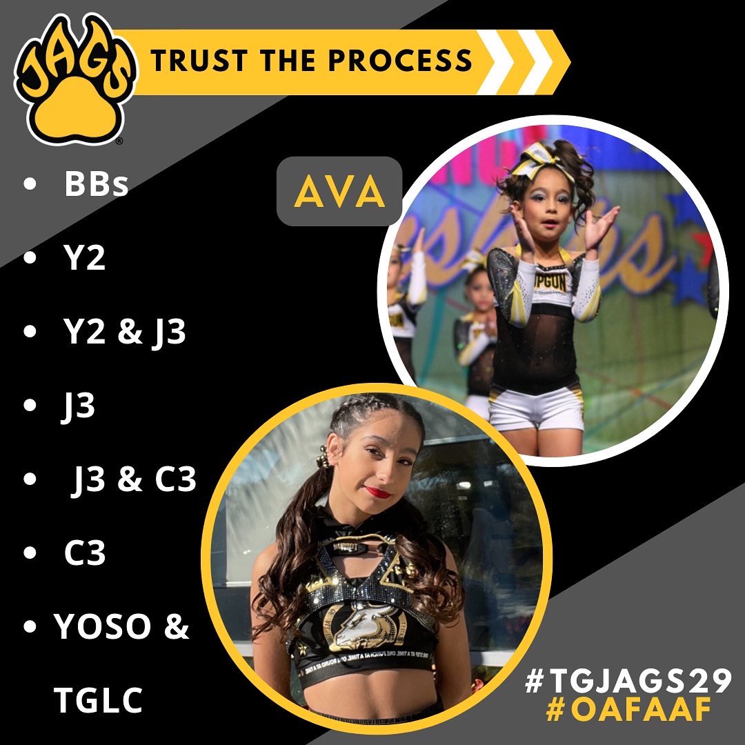 TopGunJags305's tweet photo. ✨As we prepare to release our ⭐️ALL STAR TEAM EVALUATIONS RESULTS, we want to remind everyone to💡TTP - TRUST THE PROCESS!
😍Ava joined our program as a L1 Mini athlete. 😌She trusted the process, & finished this season on both YOSO & TGLC!
#TGTTP
#TGJags29 🐆 #OAFAAF 🖤💛 https://t.co/lRGJqZx1dS
