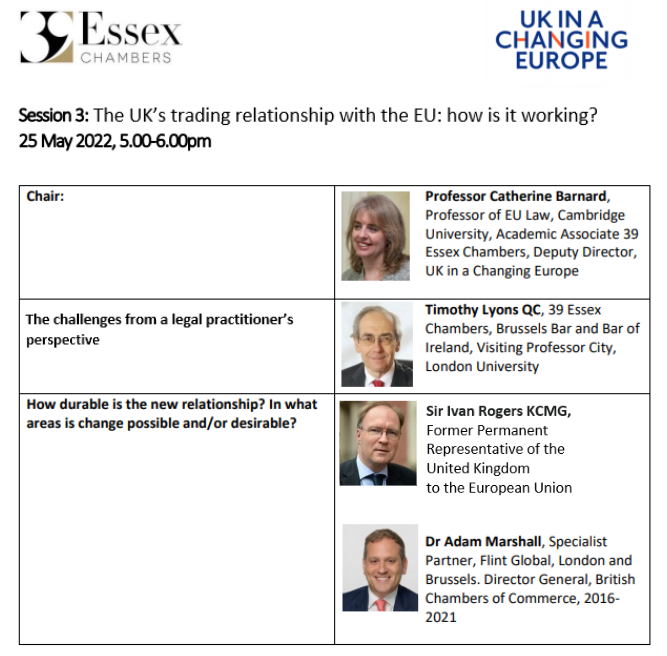 🚨 HAPPENING TODAY🚨 

At 5pm TODAY join us for our 3rd webinar with <a href="/39EssexChambers/">39 Essex Chambers</a>, this one all about 'the UK's trading relationship with the EU: how is it working?' 👇👇

us02web.zoom.us/webinar/regist…

<a href="/CSBarnard24/">Catherine Barnard</a> <a href="/AJBMarshall/">Adam Marshall CBE</a> <a href="/anandMenon1/">Anand Menon</a>