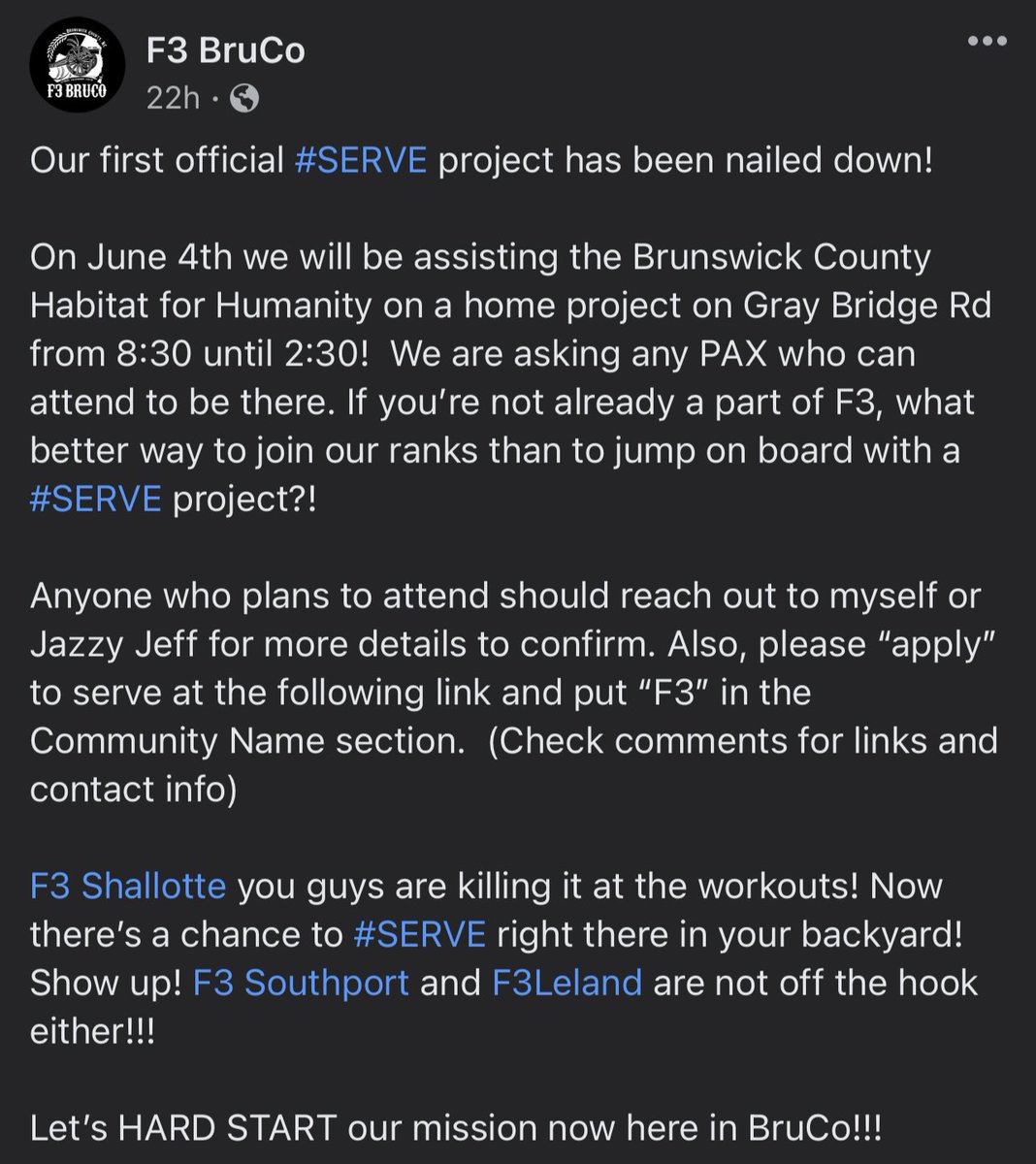 Message me for sign up links, or go to our F3BruCo Facebook page and see the links listed in the comments under this post!!! We need men to commit!! 

#F3Southport #F3Leland #F3Shallotte #F3BruCo #F3Nation #SYITG #freeworkouts #fitness #IGY6 #WhosMotivated #BrunswickCounty