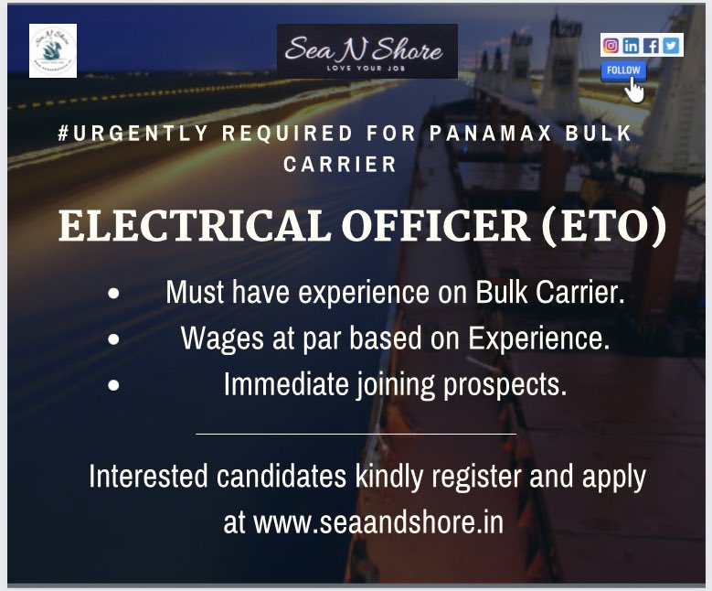 InSeaandshore's tweet photo. Good day,
Register at https://t.co/gpQueXykyA  for more details and to apply directly for the Job.
Be the right person for the right job at the right time.
#shippingjobs #shippingrecruitment #shippingsolutions #marinejobs #marinesurveyor #marineconsultants #marineandoffshorejobs https://t.co/NsMQdELycq