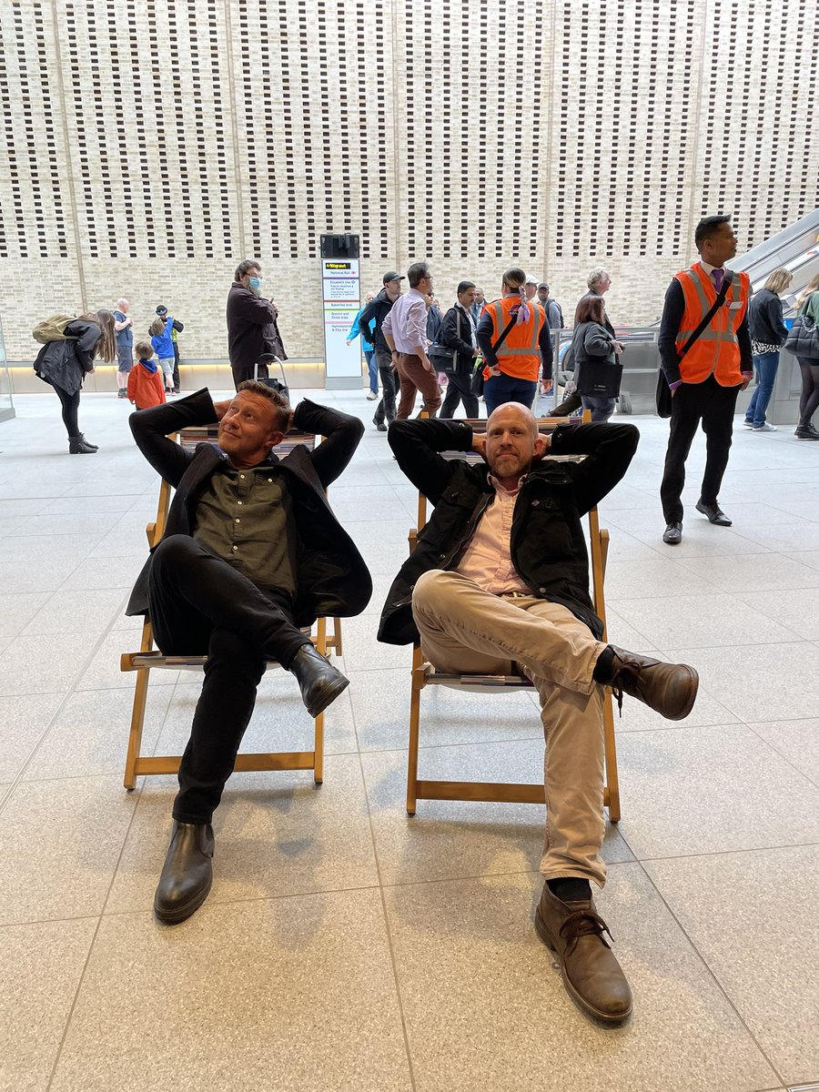 Elizabeth line deck chairs at Paddington. Thanks <a href="/ltmuseum/">London Transport Museum</a> for the shop on the station! Thanks to the fantastic station staff you have made the opening day wonderful! <a href="/TfL/">TfL</a>