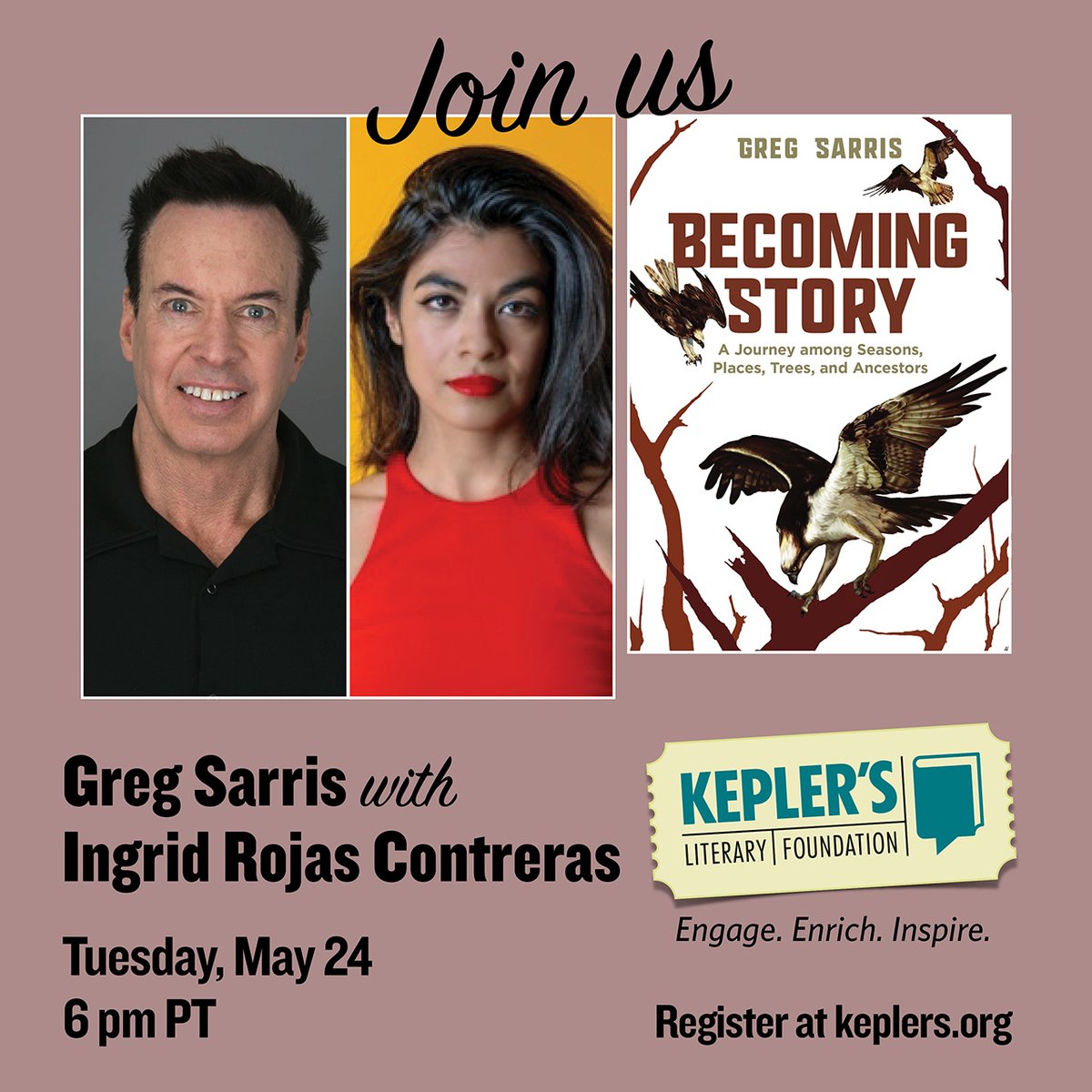 Greg Sarris (@thegregsarris) on Twitter photo Join me âĄTONIGHT⥠at 6pm PT for a VIRTUAL event with <a href="/Keplers/">Kepler's Books</a>! I'll be in conversation with @ingrid_rojas_c discussing #BecomingStory: bit.ly/3wOfigz
If you can't join the live stream, your ticket will give you access to the recording for 30 days. Join me âĄTONIGHT⥠at 6pm PT for a VIRTUAL event with <a href="/Keplers/">Kepler's Books</a>! I'll be in conversation with @ingrid_rojas_c discussing #BecomingStory: bit.ly/3wOfigz
If you can't join the live stream, your ticket will give you access to the recording for 30 days.