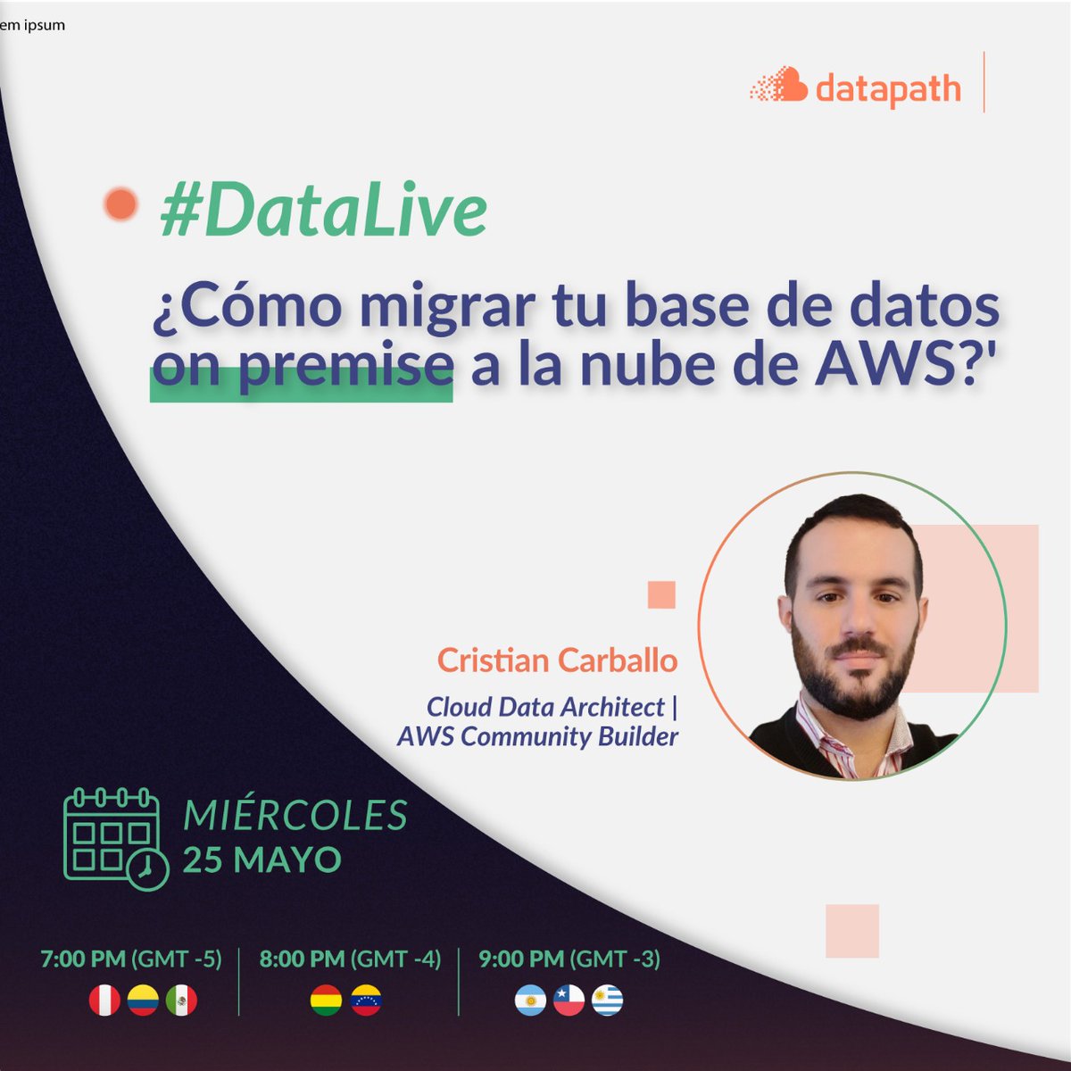 datapath_ai's tweet photo. #𝗗𝗮𝘁𝗮𝗹𝗶𝘃𝗲 ¿𝗖ó𝗺𝗼 𝗺𝗶𝗴𝗿𝗮𝗿 𝘁𝘂 𝗕𝗮𝘀𝗲 𝗱𝗲 𝗗𝗮𝘁𝗼𝘀 𝗲𝗻 𝗣𝗿𝗲𝗺𝗶𝘀𝗲 𝗮 𝗹𝗮 𝗡𝘂𝗯𝗲 𝗱𝗲 𝗔𝗪𝗦?🚀✨

📆Miércoles 25 de Mayo
⏰7:00 pm (GMT-5)

📍𝐈𝐧𝐬𝐜𝐫í𝐛𝐞𝐭𝐞 𝐠𝐫𝐚𝐭𝐢𝐬 𝐚𝐪𝐮í: https://t.co/iEnfwVtw6X https://t.co/NI8VyFLJOc