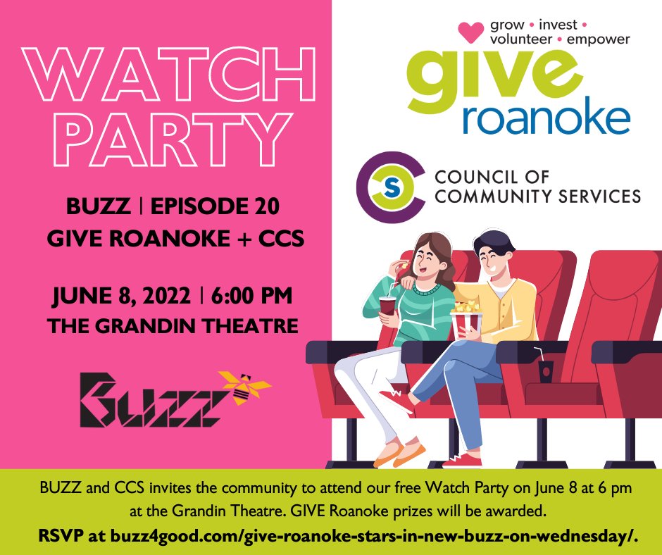 BUZZ and the <a href="/CCSRoanoke/">Council of Community Services</a> invite the community to attend our free Watch Party on June 8, at 6:00 PM at The Grandin Theatre. <a href="/giveroanoke/">GIVE Roanoke</a> will recognize nonprofit organizations at the event and announce prize winners! RSVP here: bit.ly/3z3iTdo