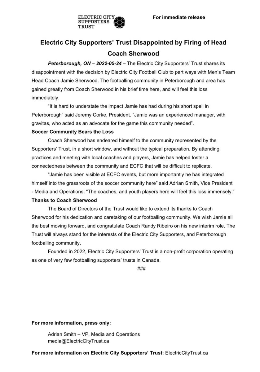 Our statement on the decision to relieve Coach Jamie Sherwood was released to the media this morning. You can read it here