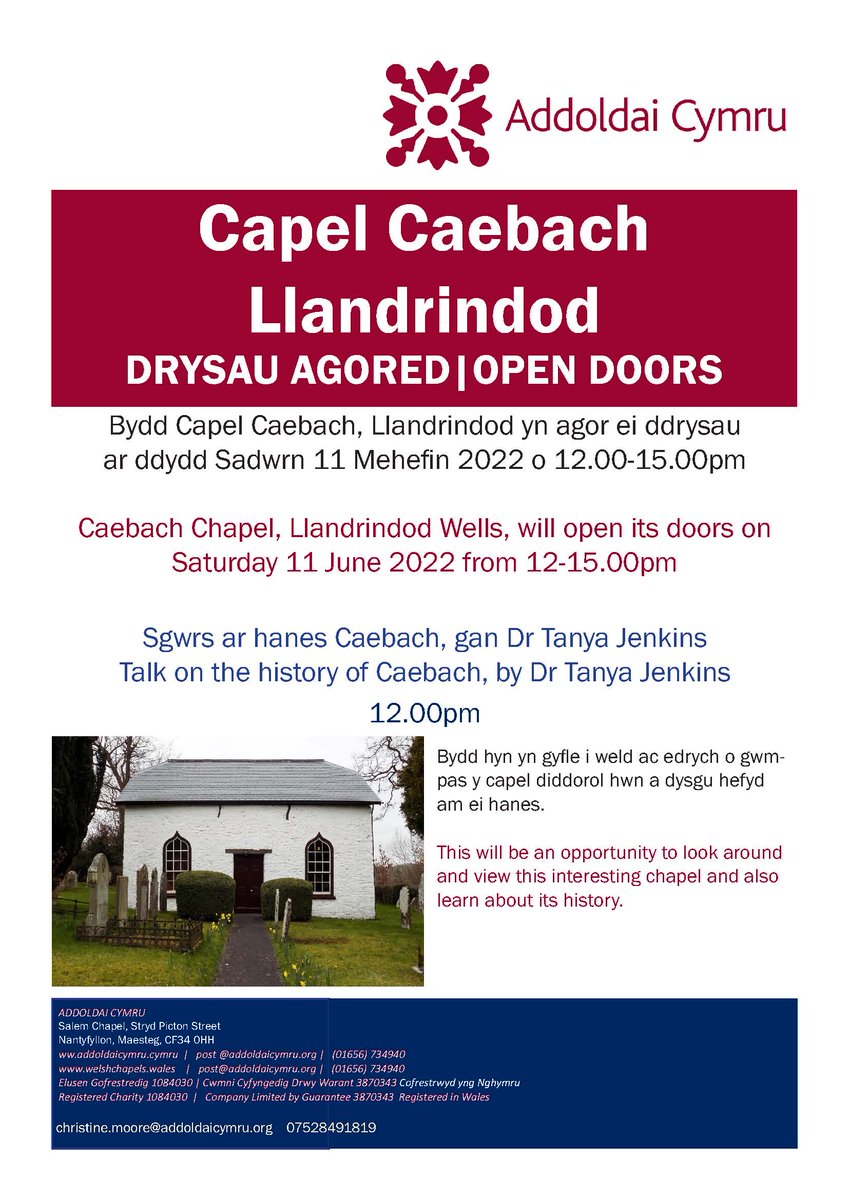 CapeliCymru's tweet photo. @MidWalesJournal
Bydd Capel Caebach, Llandrindod yn agor ei ddrysau ar ddydd Sadwrn 11 Mehefin 2022 o 12.00-15.00pm
Caebach Chapel, Llandrindod Wells, will open its doors on
Saturday 11 June 2022 from 12-15.00pm
@TanyaJ153
#CapeliCymru
#WelshChapels https://t.co/b3Q3MkurE3