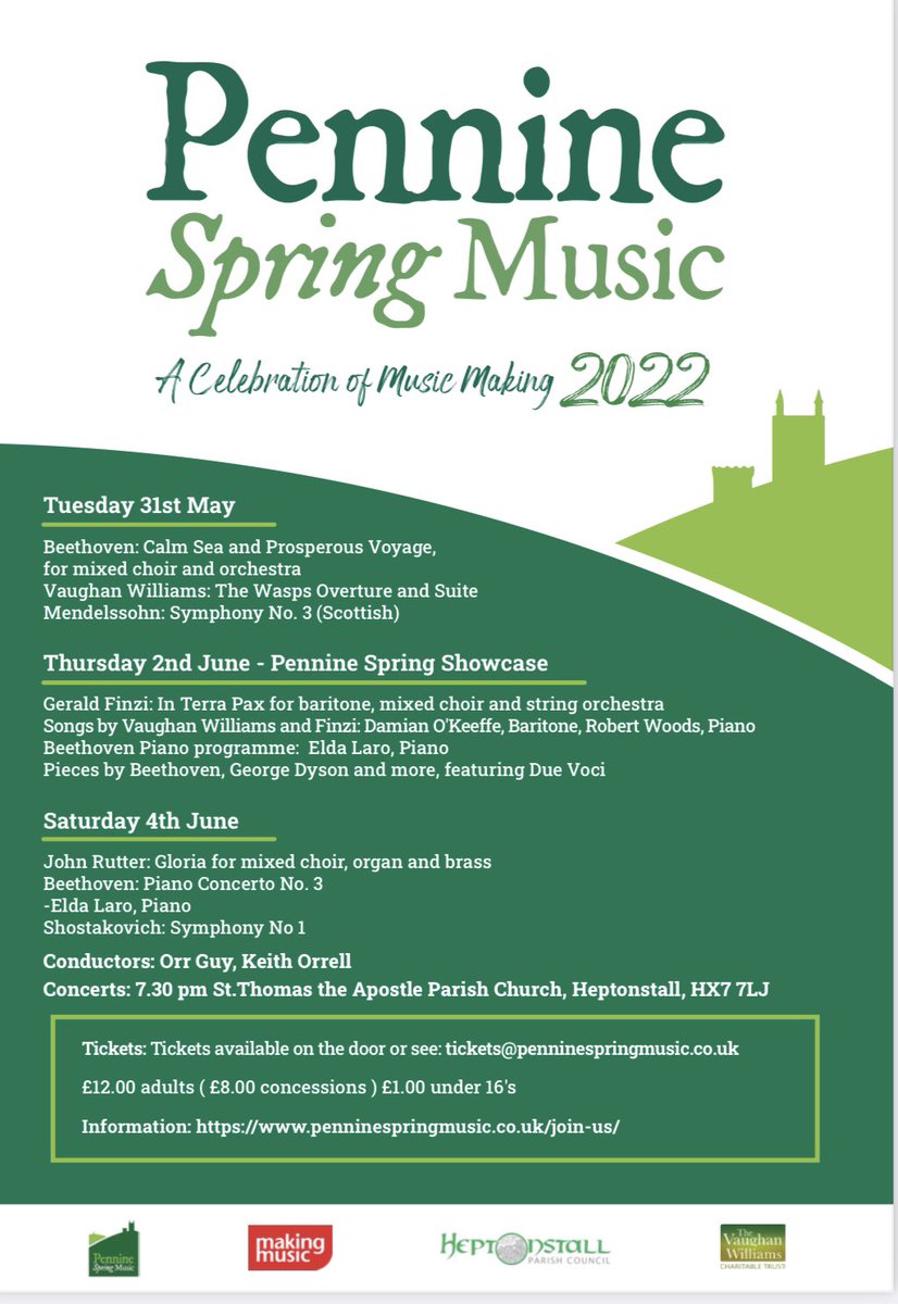 Rehearsals and concerts galore next week in #heptonstall #orchestra #choir #Beethoven #Mendelssohn #Shostakovich. We’ve got the #singers and #players we just need the audience. Can you help spread the word ? Ticket info: penninespringmusic.co.uk